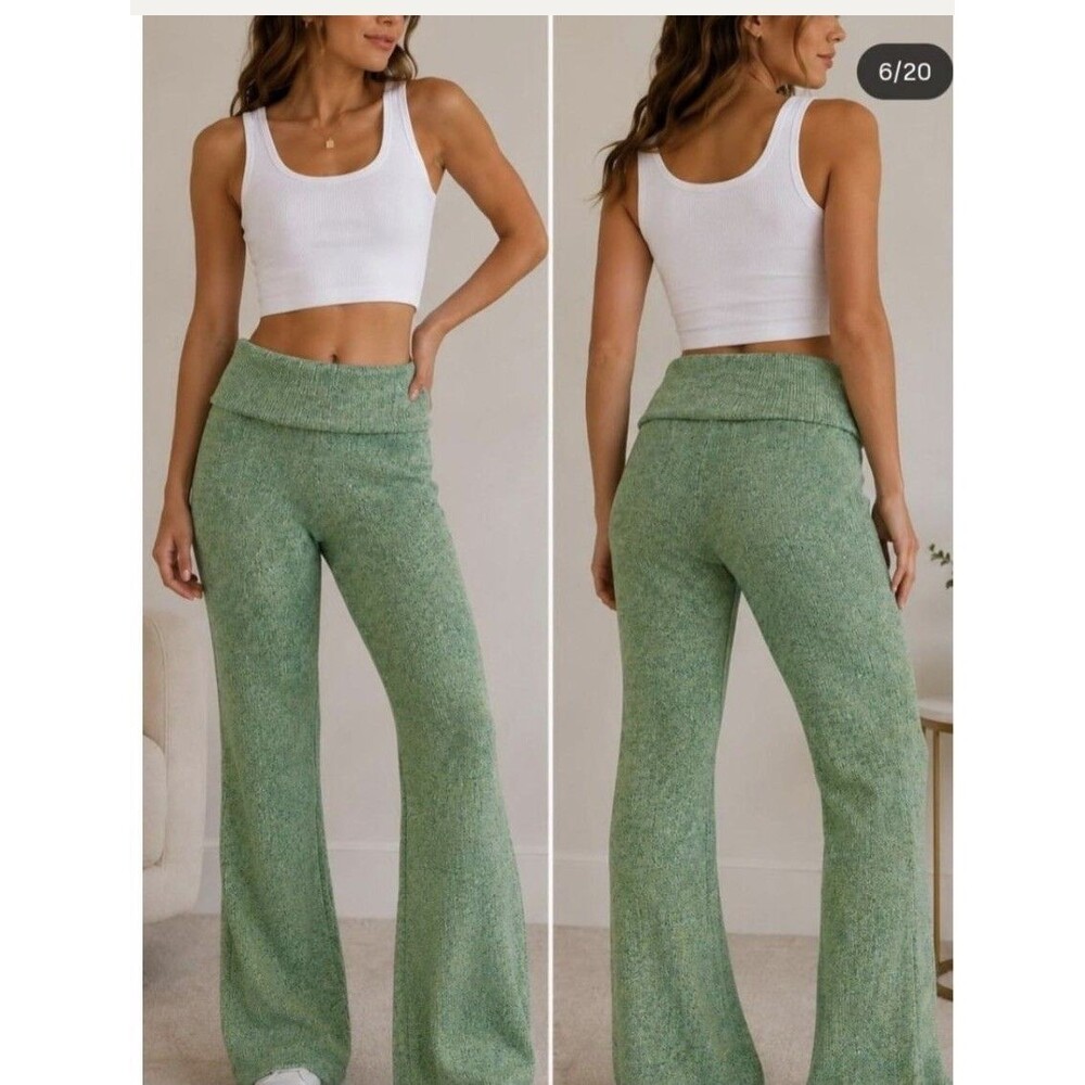 Aerie women’s XS Ribbed Knit High Waisted Flare Pants Green stretch foldover boh